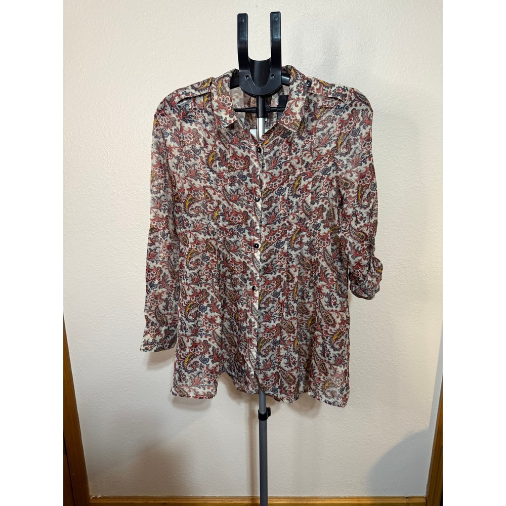 Simply Noelle Paisley Button Down Tunic Top Red Navy XS NWT